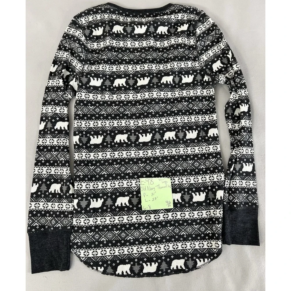 Old Navy NWT Woman Juniors L Nordic Fair Isle Black/Gray Waffle Knit Thermal Top